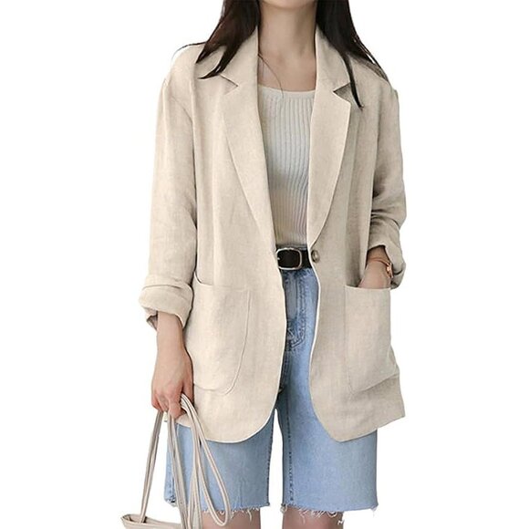 Womens Linen Blazer Casual Long Sleeve Lightweight Spring Summer Jackets